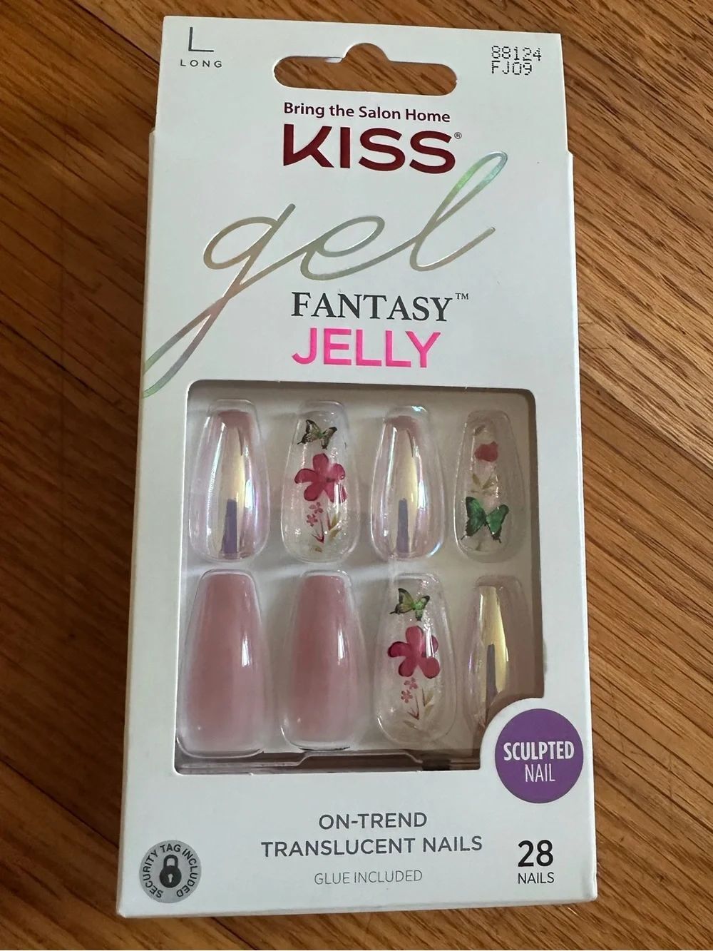 Kiss Gel Fantasy Jelly Translucent Pink Floral & Butterfly Press-On Nails Long